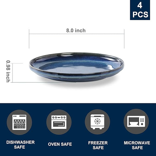 Ceramic Flat Plates Set of 4-8 in - The Dessert, Salad, Appetizer, Small Lunch, etc Plate. Microwave, Oven, and Dishwasher Safe, Scratch Resistant. Kitchen Porcelain Dish-Royal Blue
