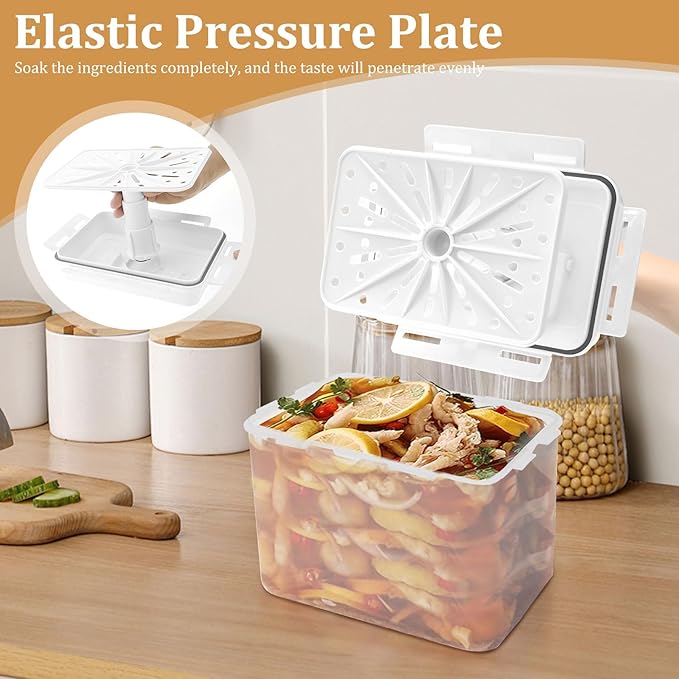 Press Plate Leakproof Airtight Pickle Kimchi Container, Press Plastic Fermentation Container, 5L Food Storage Box w Hidden Handle, Portable Mason Jar, Clear Sauerkraut Press Container for Home Kitchen