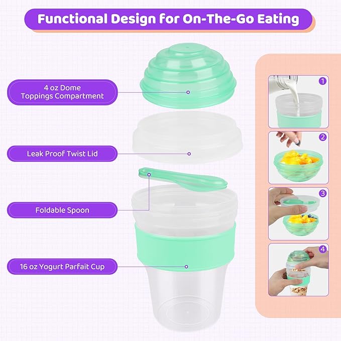 Yogurt Parfait Cups with Lids Reusable - 4 Pack 20 oz Overnight Oats Containers with Lids Folding Spoons Granola Topper, Cereal Salad Jars for Oatmeal Chia Pudding Meal Prep