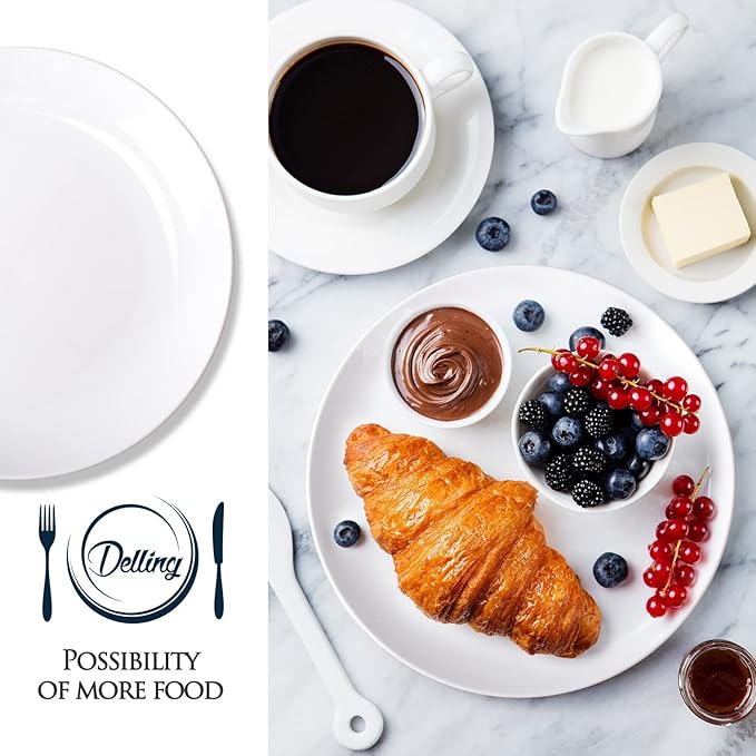 DELLING 10 Inch White Dinner Plates Set of 4, Porcelain Round Plates - Microwave, Dishwasher Safe & Chip Resistant - Elegant Serving Plates for Everyday Dining, Holiday, Party