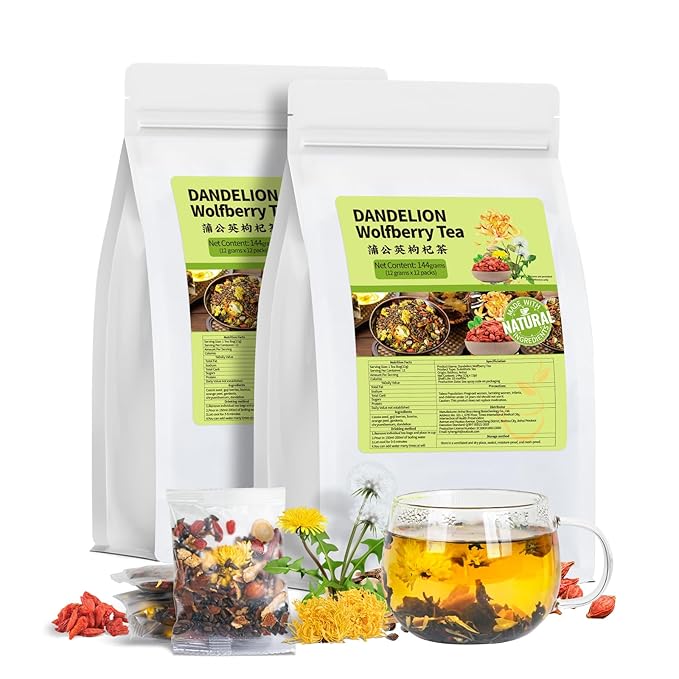 Dandelion Wolfberry Tea, Natural Kidneys & Liver Health Dandelion Root Tea with Dandelion, Wolfberry, Cassia Seed, Chrysanthemum, Licorice, Orange Peel, Gardenia (2 Pack/24 Bags)