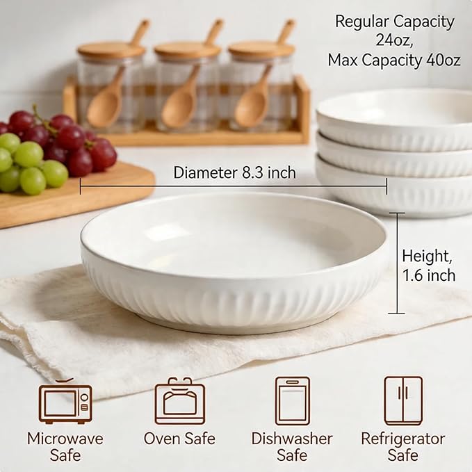 8 Inch Ceramic Pasta Bowls 6 Pack,34 Oz White Serving Bowls - Microwave, Dishwasher & Oven Safe, Shallow Soup Bowls for Salad, Pasta, Cereal