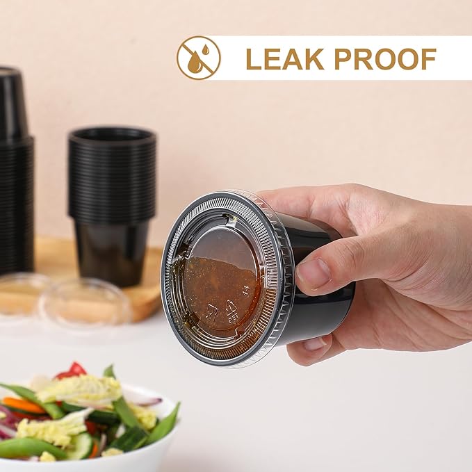 AOZITA 120-5.5 oz Black Portion Cups, Small Plastic Containers with Lids, Airtight and Stackable Souffle Cups, Salad Dressing Container, Sauce Cups, Condiment Cups for Lunch, Party to Go, Trips