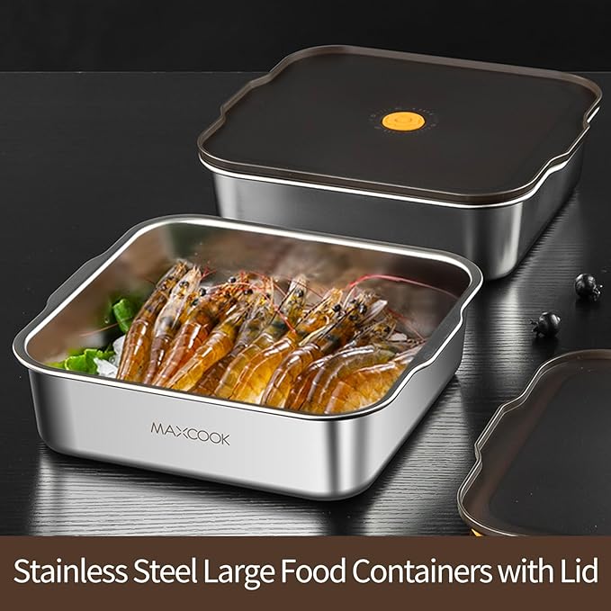 Large Stainless Steel Food Containers with Lids, 64 oz Food Storage Container set, Leak Proof Metal Food Container Bento Box, Snack Container set with Lid (Dishwasher & Freezer Safe, 1900 ml)