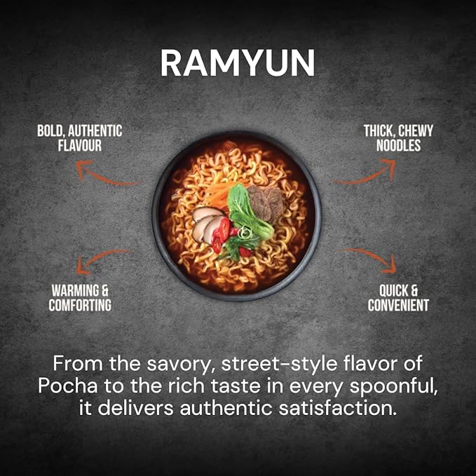 The Han Kitchen Pocha Ramyun, Pack of 4 (118g Each) – Korean Instant Ramen with Thick Chewy Noodles, Spicy Savory Broth – Seoul Pocha Street Style – Ready in 5 Minutes, Spicy