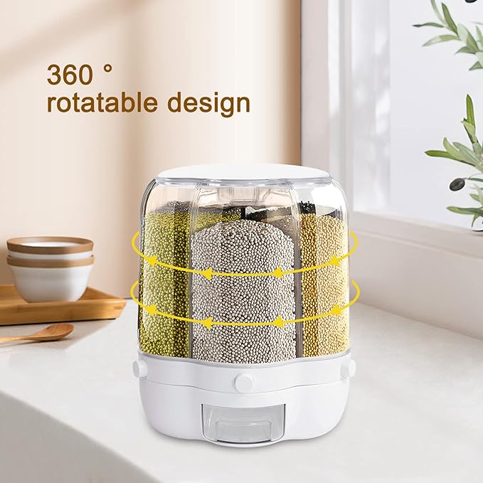27lbs Rice and Grain Dispenser, 360° Rotating Food Storage Container Large Dry Food Dispenser with Sealed Lid 6-Grid Storage Box for Kitchen Rice Bucket for Rice Cereals Nuts Beans (27LBS)