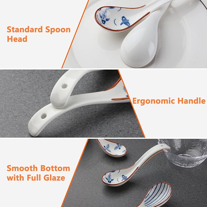 Chinese Soup Spoons Set of 4 Korean Spoons Porcelain Ramen Spoons for Pho Noodle Cereal Dumpling