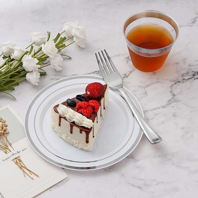BESTVIP 900PCS Silver Dinnerware Set for 150 Guests, Plastic Plates for Party, 150 Silver Disposable Plates, 150 Dessert Plates, 150 Cups, 150 Spoons, 150 Forks and 150 Knives