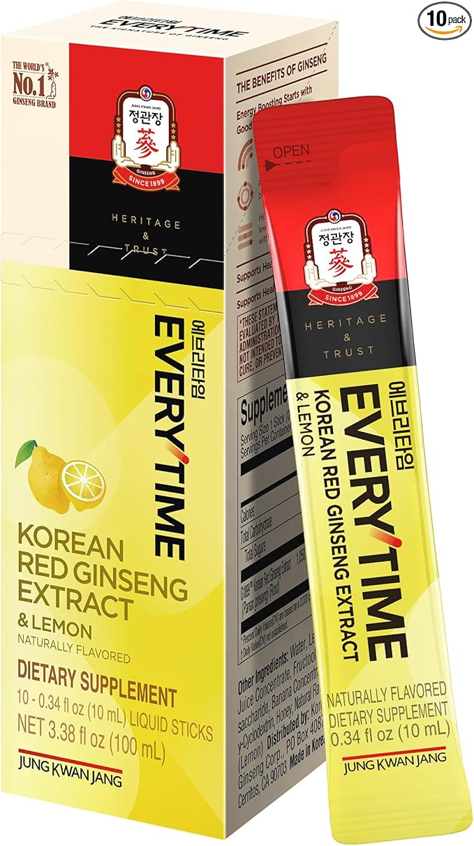 JUNG KWAN JANG Everytime Korean Red Ginseng Extract 1,050mg & Lemon - Vegan Energy Drink Liquid Stick Supplements - Builds Stamina & Immunity, Non-GMO (10 Sticks, 0.34 fl oz)