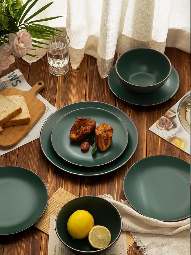 Famiware Venus Plates and Bowls Sets with Trim, 12 Pieces Speckled Stoneware Dishes Dinnerware Set for 4, Matte Dark Green - Microwave & Dishwasher Safe, Modern Minimalist, Everyday & Formal Dining