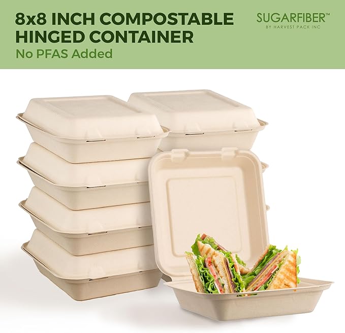 Harvest Pack [50 Pack] 8x8" Extra Thick Compostable Clamshell Take Out Food Containers - PFAS Free Heavy-Duty Disposable Sugarcane Bagasse Boxes - Eco-Friendly To-Go Containers for Food, 1-Compartment