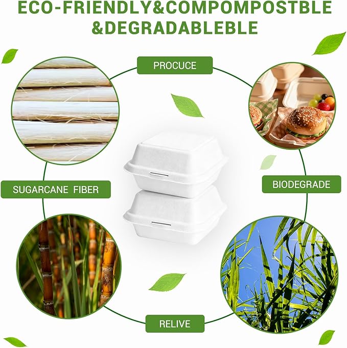 Disposable Burger Paper Clam Shell 100pcs 6" X 6" X 3" Takeaway Container with Flip Lid, Microwave/Frozen Food Grade sugarcane bagasse material, Served In Burger Cakes, Sandwiches, Desserts, Salads,