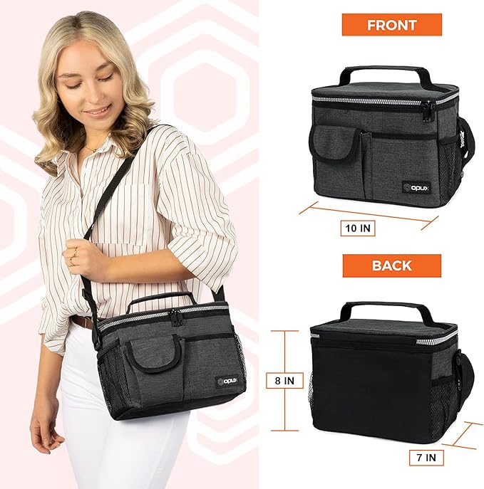 opux Insulated Lunch Box for Men Women Kids, Leakproof Reusable Lunch Bag Cooler for Work School Office, Soft Thermal Lunchbox Tote Shoulder Strap for Boys Girls Adults, Heather Charcoal, 14 Can/8L