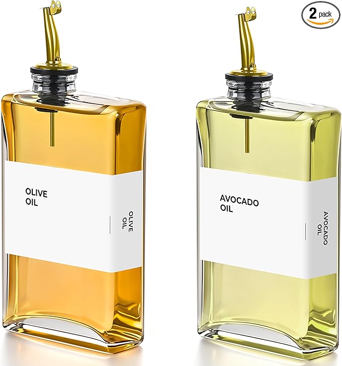 Spaceneat Olive Oil Dispenser Bottle - Includes 44 Kitchen Essential Labels - Cooking Oil Bottles for Kitchen, Coffee Syrup Dispenser - Pourer Spout with 11.8 fl oz Glass Container Cruet - 2pcs, Gold