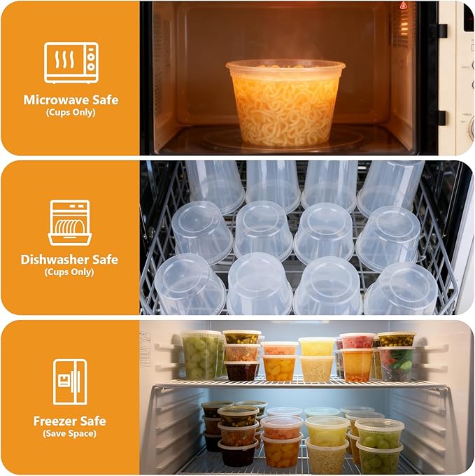 NESCCI 72 Sets (144-Piece) Deli Containers with Lids, 32/16/8 oz X 24 Set Each, Leak-Proof & BPA Free Airtight Takeout Plastic Food Storage Containers for Soup, Meal Prep,Microwave/Freezer Safe