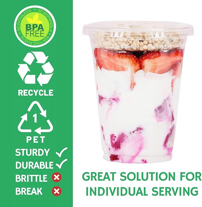 Aatriet 16 oz Clear Plastic Parfait Cups with Insert 4oz & Flat Lids No Hole - (50 Sets) Yogurt Fruit Parfait Cups for Kids, for Dips and Veggies, Take Away Breakfast and Snacks. No Leaking