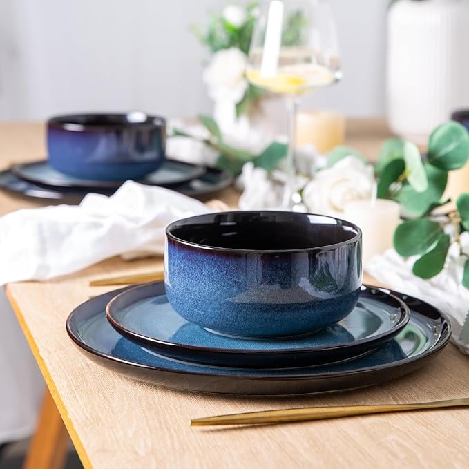 LERATIO Ceramic Plate Set of 6,8.5 Inch Reactive Glaze Light Weight Porcelain Salad Plates,Modern Shape Dinnerware Dishes Set for Kitchen,Microwave&Dishwasher&Oven Safe,Resistant-Indigo Blue