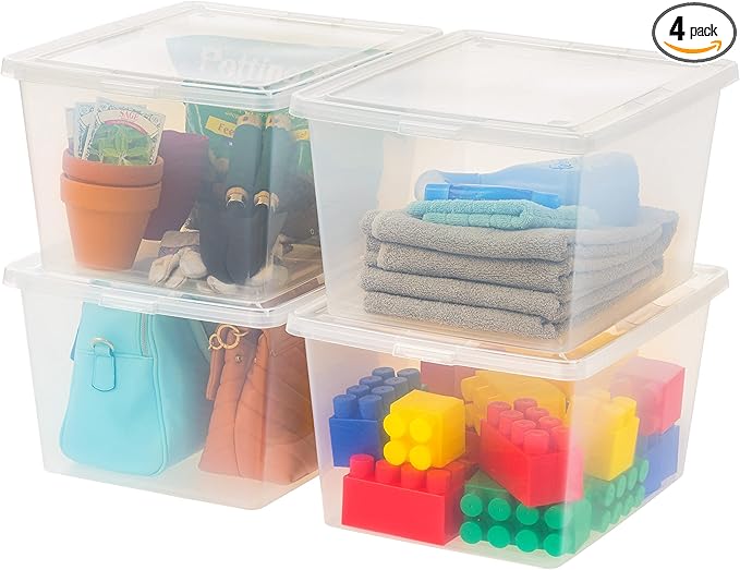 IRIS USA 4-Pack Storage Bins with Lids, 25 Quart, Clear Stackable Containers Box Organize Shoes Closet Shelves Clothes Blankets Towels - BPA-Free Plastic