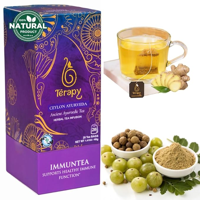 TERAPY Ceylon ImmunTea - Ayurvedic Immunity Tea with All Pure Herbal Ingredients, Ginger & Triphala for Immune Defense, Fortify Your Immunity, Low Caffeine, 20 Individually Wrapped Bags (Pack of 1)