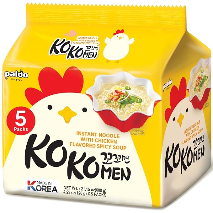 Korean Food Paldo KOKOMEN Instant Noodle, Chicken Flavored Spicy Soup Ramen, 4.23 oz x 5 Packs (Total 21.15 oz), Korean Style Instant Ramen