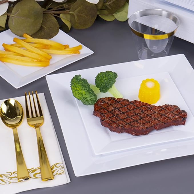 Goodluck 60 Pack Disposable Square Plastic Plates - Heavy Duty Dinner (9.5") & Dessert (6.5") Plates - Fancy for Wedding, Holiday, Birthday - White