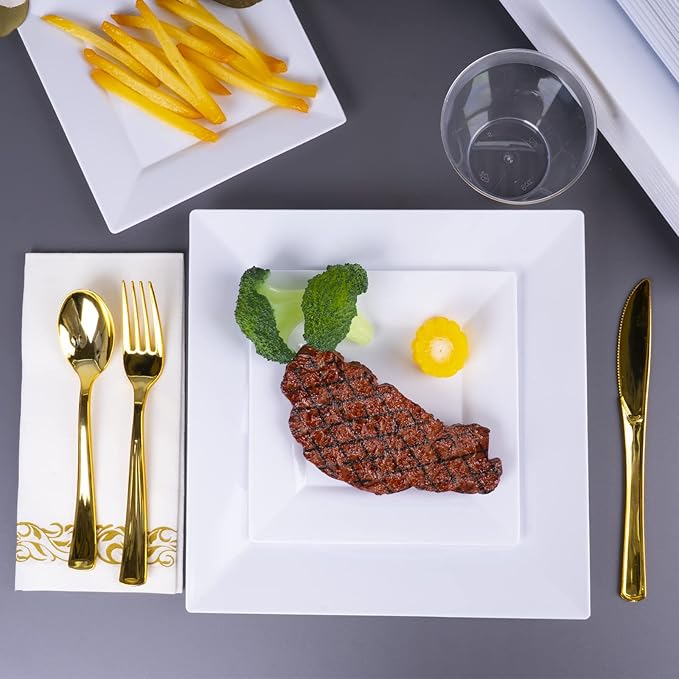 Goodluck 60 Pack Disposable Square Plastic Plates - Heavy Duty Dinner (9.5") & Dessert (6.5") Plates - Fancy for Wedding, Holiday, Birthday - White