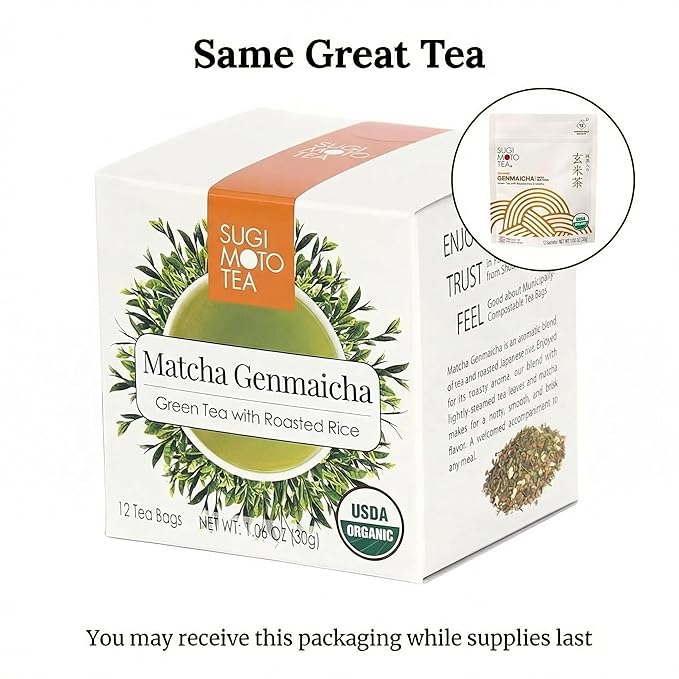 SUGIMOTO TEA Japanese Organic Genmaicha with Matcha Green Tea Bags 12 Count