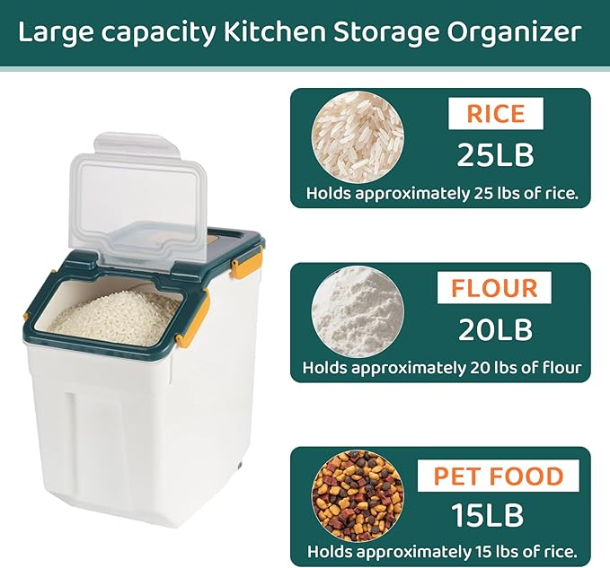 Rice Storage Container 25 lbs Large Household Flour Sugar Containers Airtight Grain Cereal Dispenser with Wheels, Locking Lid & Measuring Cup for Kitchen Pantry Organization, 2 Pack(Blue)