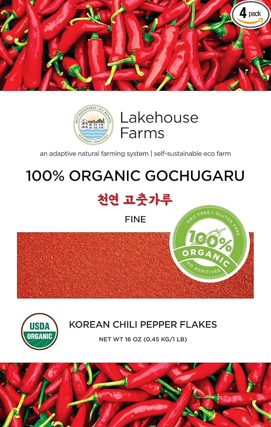 Lakehouse Farms 100% Organic Korean Chili Pepper Flakes/Powder (Gochugaru) - The Only U.S. Grown Organic Certified Korean Pepper Flakes (1 Pound - Fine)