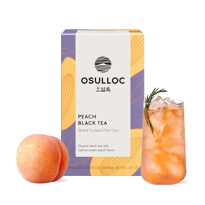 OSULLOC Peach Black Tea (Tropical Mango & Peach Flavor), Iced tea bags, Fruit tea Blend, Premium Teabags from Jeju Island, 20 count