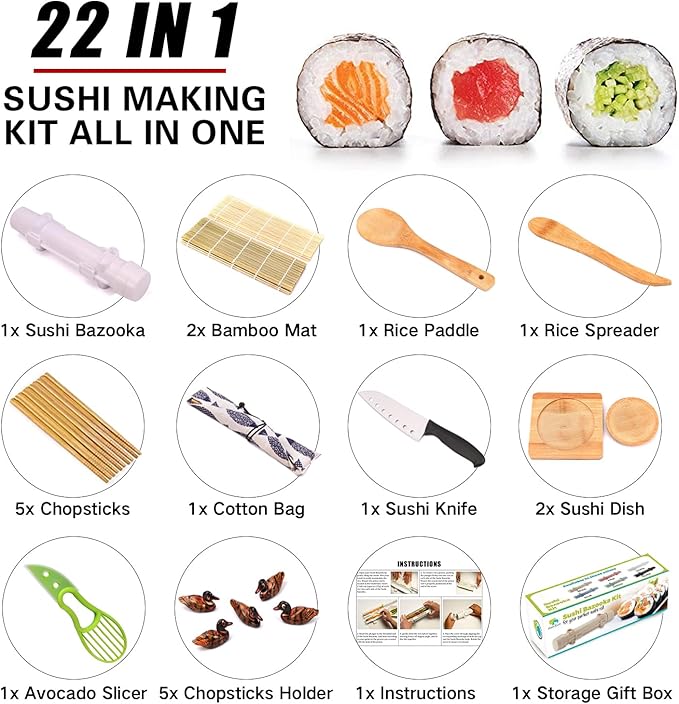 SmileTools Sushi Making Kit, 22-in-1 Sushi Roller Kit with Bamboo Sushi Rolling Mat, Sushi Bazooka, Avocado Knife, Sushi Knife, Chopsticks, Sauce Dishes, Rice Spreader & More DIY Sushi Party Gift