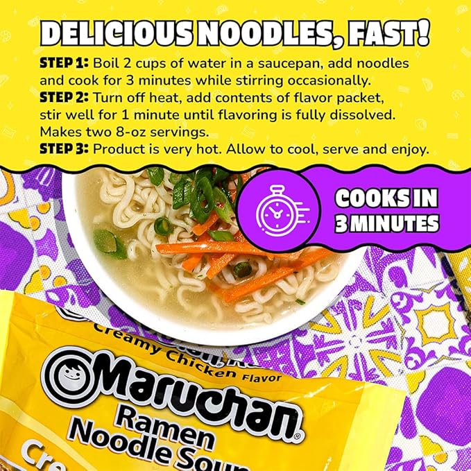 Maruchan Ramen Noodle Soup, Creamy Chicken Flavor – Japanese-Style Instant Noodles, Quick & Easy Meal for Students & Busy Families – 3 Oz. (24 Pack)