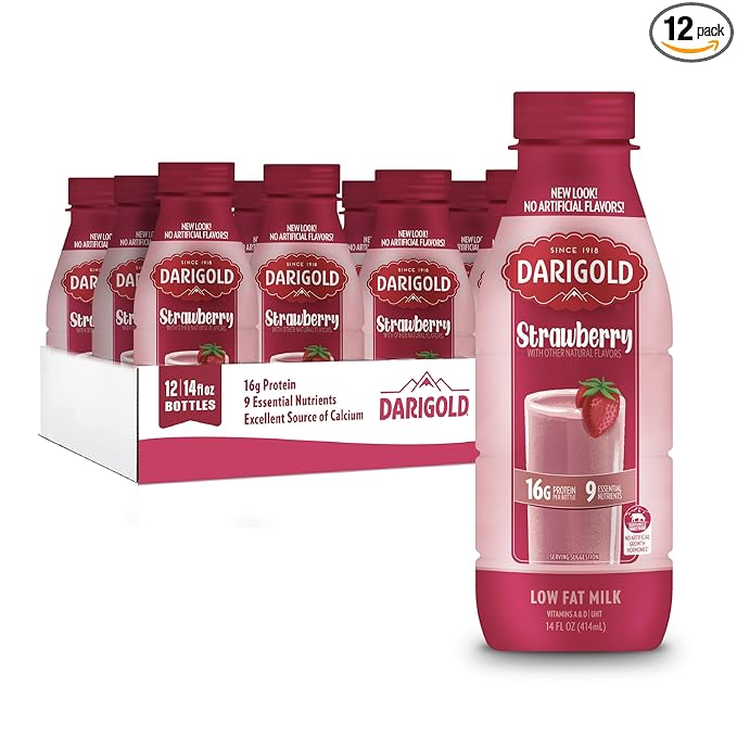 Darigold 1 Percent Milk, Reduced Fat Shelf Stable Milk with 9 Essential Nutrients, 16g Protein, rsBT Free - 14oz, 12 Pack (Strawberry)