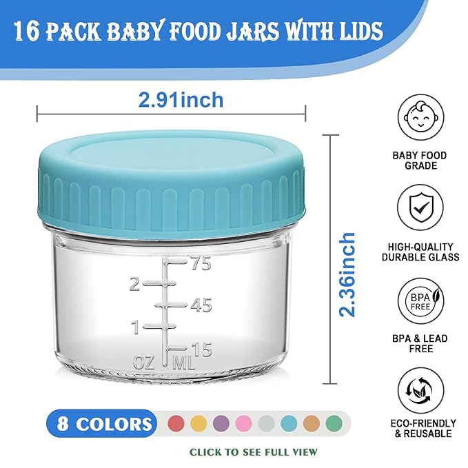 Accguan 16 Pack Glass Baby Food Storage Containers, 4 oz Baby Food Jars with Lids, Baby Food Maker for Microwave & Dishwasher Freezer Safe,BPA Free