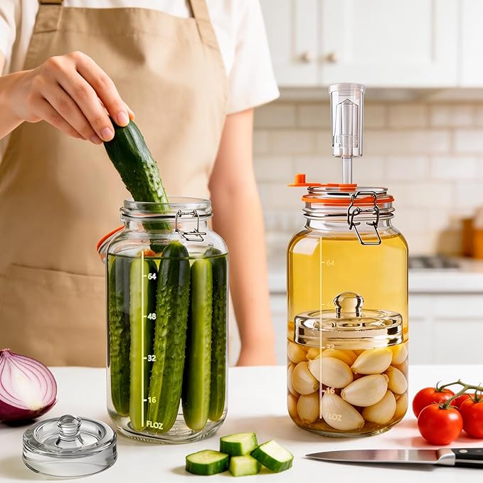 2 Pack 64oz/2L Glass Fermenting Jars with Airlocks & Weights – 3.3" Wide Mouth Sauerkraut Jar Set for Pickles, Kombucha, Kimchi – Complete Home Fermentation Kit for Beginners