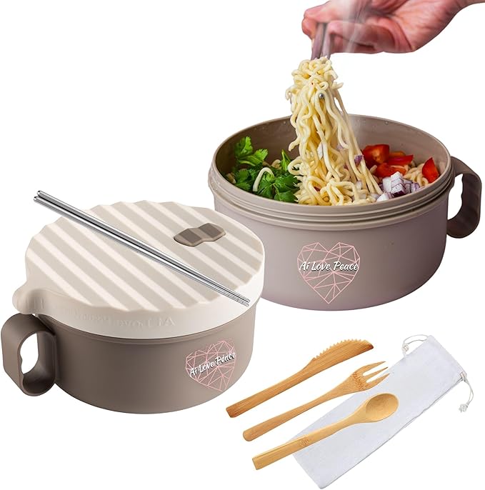 AI LOVE PEACE Ramen Bowl Set of 2, 40 oz Microwaveable Ramen Noodle Bowl Cooker with Lids, Soup Bowls for Pho, Pasta, Rice, Oatmeal, Home Office Dorm (2x Beige)
