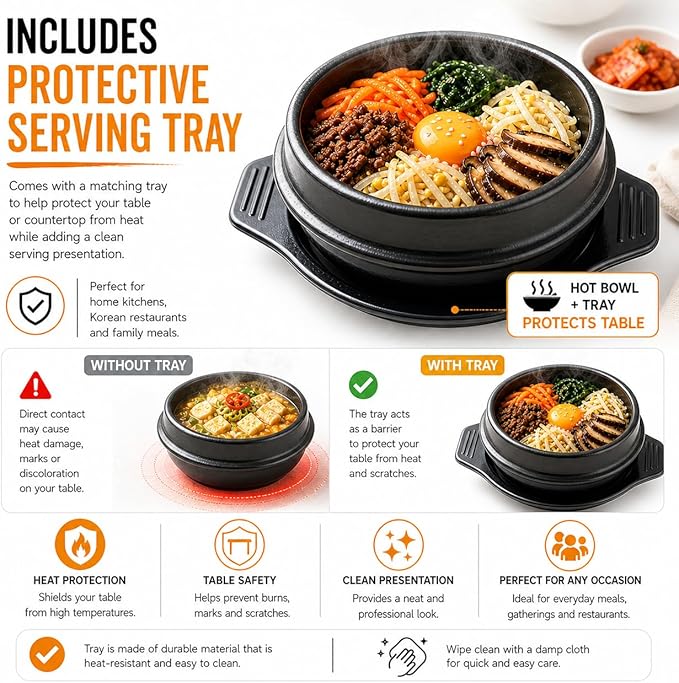XICHENGSHIDAI Korean Stone Bowl with Tray, Dolsot Bibimbap Bowl, Earthenware Ceramic Hot Pot for Soup, Stew, Rice, Ramen and Ttukbaegi, Oven & Stovetop Safe, Black - 27oz