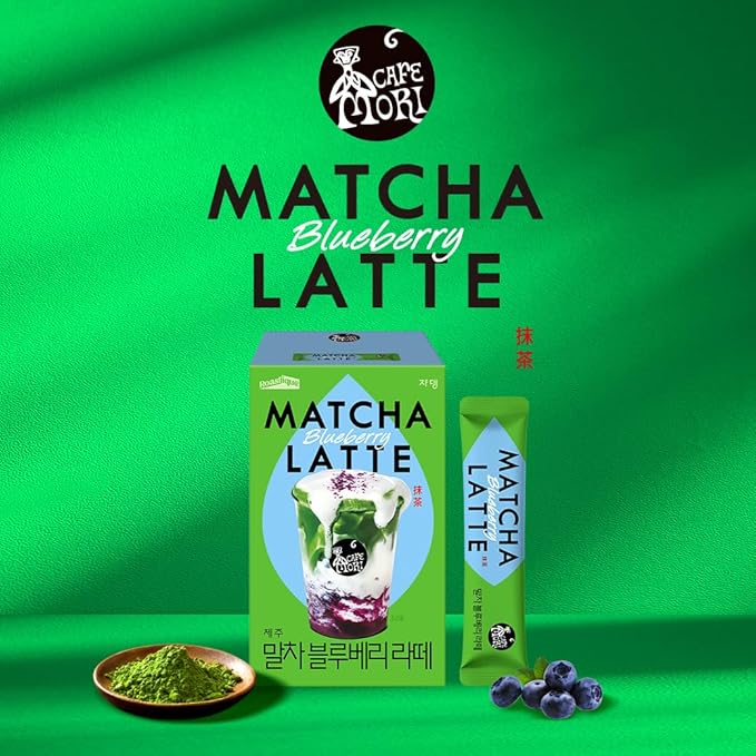 ROASTIQUE Official Café Mori Jeju Matcha Latte, 10 Sticks, 90 Calories, Ceremonial Grade Green Tea Powder Sweetened Café Quality Drink Mix, Blueberry, 7 oz