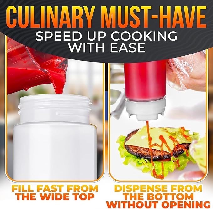 Set of 6 Condiment Squeeze Bottles for Sauces 16 oz – Easy-to-Fill Clear Bottles with Self-Closing Valve | Ready-to-Dispense for Dressings, Ketchup, Mustard & More, Durable, Reusable, Mess-Free Design