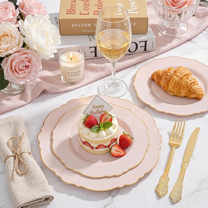 WDF 100pcs Pink Plastic Plates - High-end Baroque Design - Pink and Gold Plates - Including 50 Disposable Plate 10.25inch, 50Salad Plate 7.5inch for Wedding/Baby Shower/Spring/Birthday