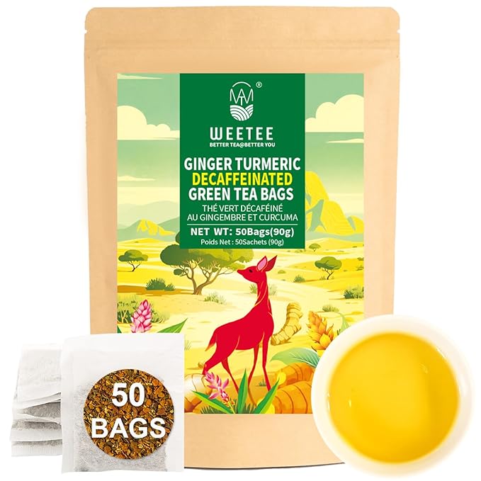 WT WEETEE Ginger Turmeric Decaf Green Tea Bags  50 Count – CO₂ Decaffeinated Green Tea with Ginger, Turmeric & Honey Aroma, Smooth and Gently Spiced Flavor