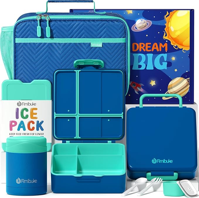 Fimibuke Kids Bento Snack Lunch Box with 4 Compartment, Insulated Lunch Bag, Stainless Steel Vacuum Thermo Food Jar, Ice Pack, Utensils Set, Birthday Gifts for Age 3-12 Back to School Toddler Girl Boy