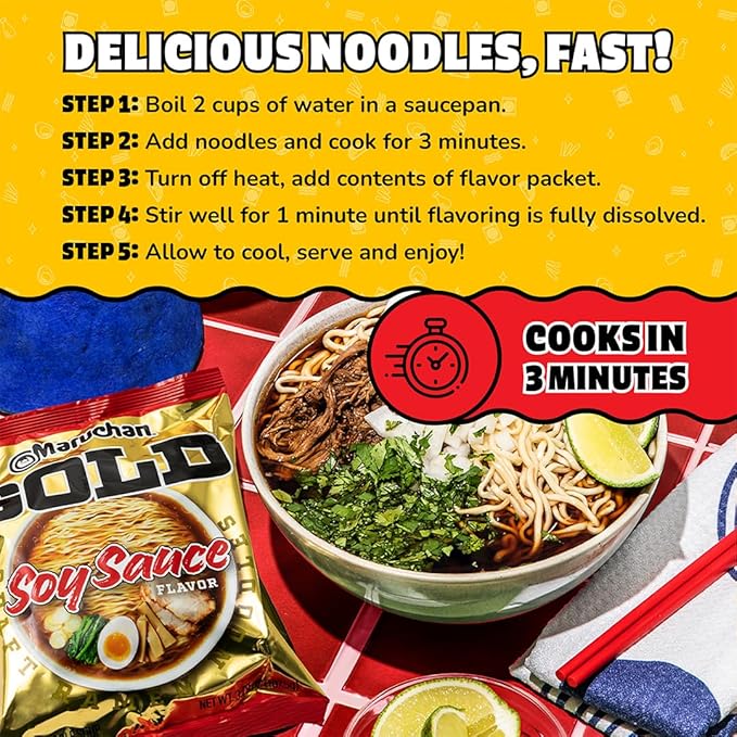 Maruchan Gold Ramen Noodle Soup, Soy Sauce Flavor – Restaurant Quality Japanese-Style Instant Noodles, Quick & Easy Meal – 3.79 Oz. (5 Pack)