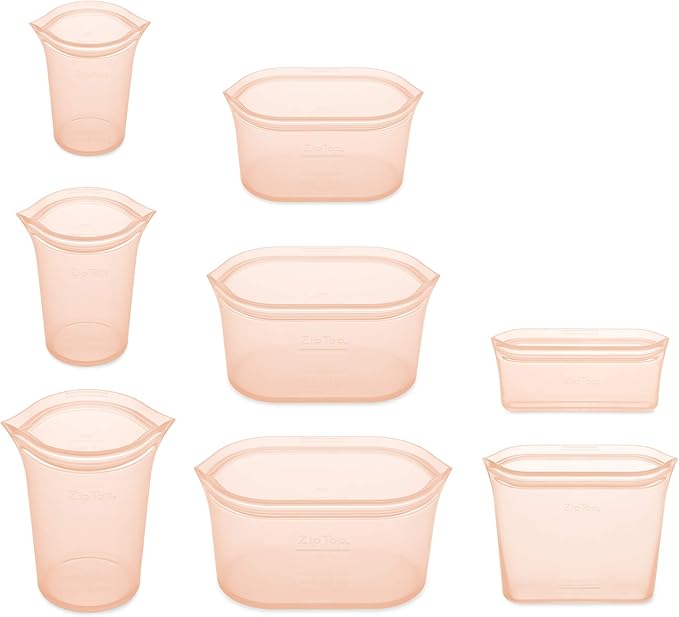 Zip Top Reusable Food Storage Bags | Full Set of 8 [Peach] | 100% Silicone Meal Prep Container | Microwave, Dishwasher and Freezer Safe | Made in the USA