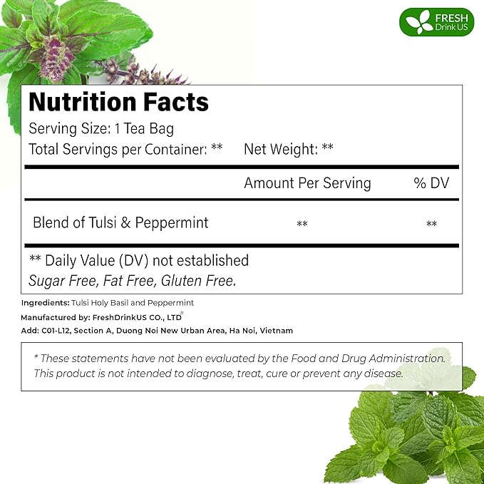 FreshDrinkUS, Premium Tulsi Peppermint Herbal Tea – 75 Tea Bags, 100% Natural, Blend of Tulsi Holy Basil Leaves, and Peppermint Leaves. Made with Natural Material Tea Bags. No Sugar, Vegan.