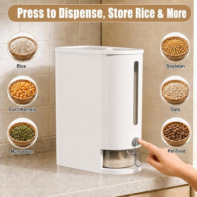 Rice Storage Container with Measuring Cup, Food Grain Dispenser for Dry Goods, Multi-Purpose Kitchen Pantry Storage Box (White-20 pounds)