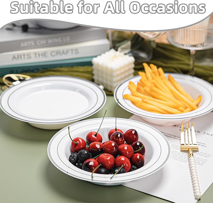 100 PCS Plastic Bowls with Silver Rim, 12oz Premium Heavy Duty Soup Bowls, Dessert and Salad Bowls for Party, Wedding and Holiday