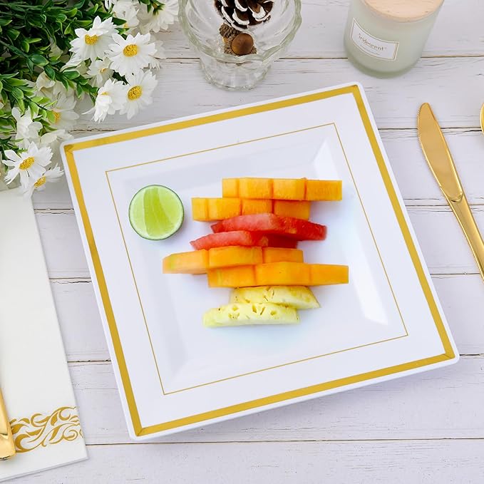 JOLLY CHEF 60 Pack Plastic Dinner Plates- Square Gold Plastic Plates with Elegant Gold Rim 9.5 Inch Disposable for Wedding, Birthday, Halloween and Party