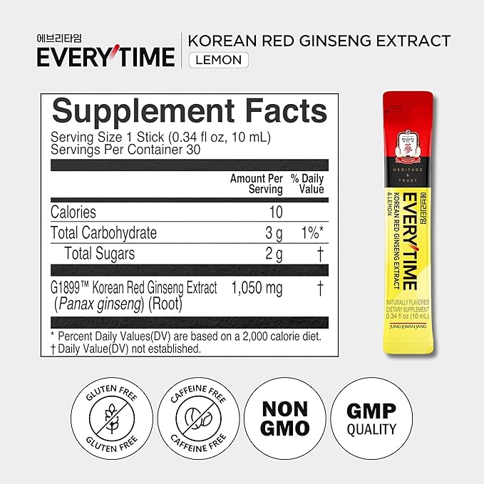 JUNG KWAN JANG Everytime Korean Red Ginseng Extract 1,050mg & Lemon - Vegan Energy Drink Liquid Stick Supplements - Builds Stamina & Immunity, Non-GMO (10 Sticks, 0.34 fl oz)