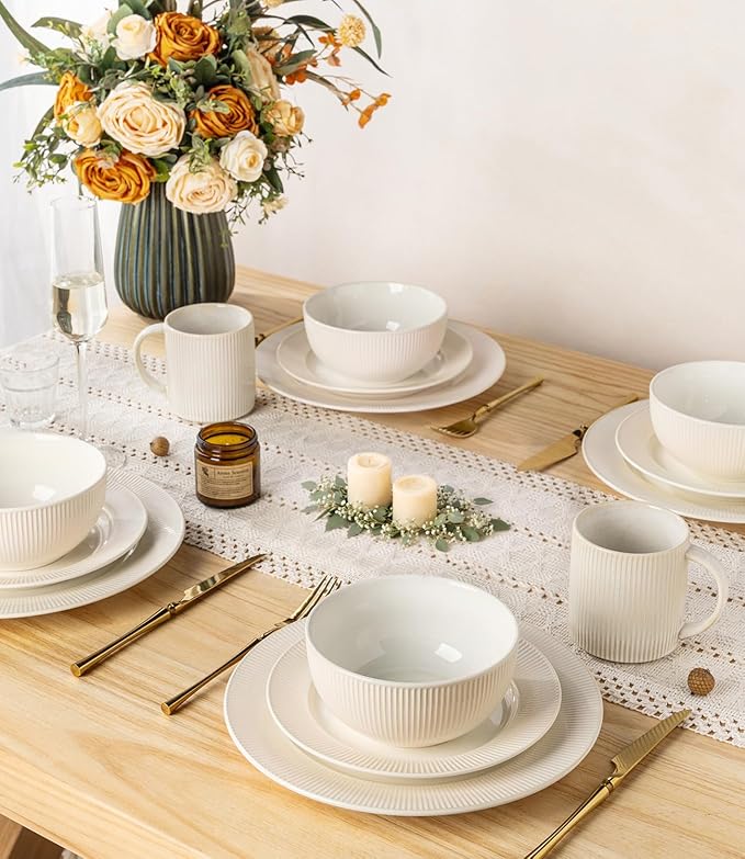 TheTerra Stoneware Dinnerware Sets for 4, 12 Pieces Ceramic Plates and Bowls Sets, Scratch Resistant Embossed Dish Set, Oven, Microwave & Dishwasher Safe, Cream White